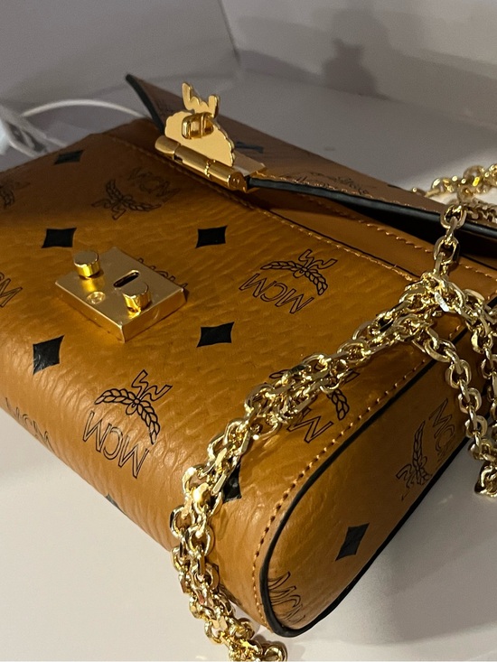 MCM Handbags - MCM Cognac Logo Print small Crossbody with Gold Lock